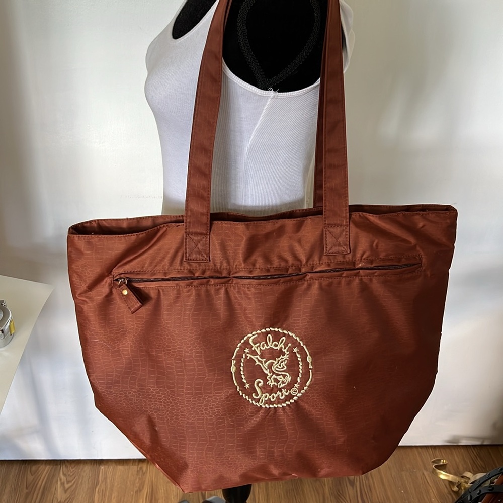 Falchi Sport Zip Top Textured Nylon Tote with Embroidered Metallic Logo